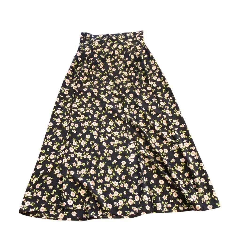 Originality Black Ditsy Floral Midi Skirt Small Cottagecore Romantic Prairie USA